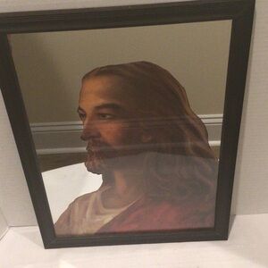 Framed Jesus portrait by J. S. Kim on mirror vintage